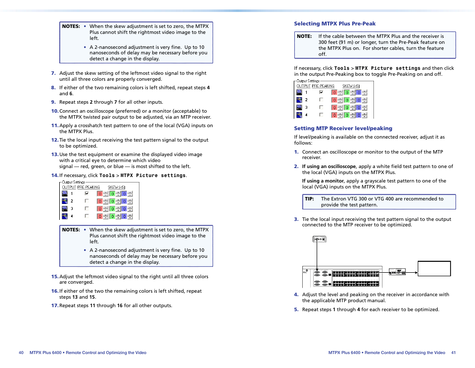 Selecting mtpx plus pre-peak, Setting mtp receiver level/peaking | Extron Electronics MTPX Plus 6400 Series Setup Guide User Manual | Page 25 / 29