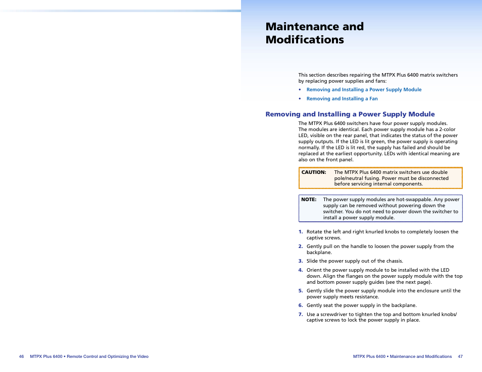 Maintenance and modifications, Removing and installing a power supply module, Removing and installing | A power supply module, Power supplies, Removing and, Installing a power supply module | Extron Electronics MTPX Plus 6400 Series Setup Guide User Manual | Page 28 / 29