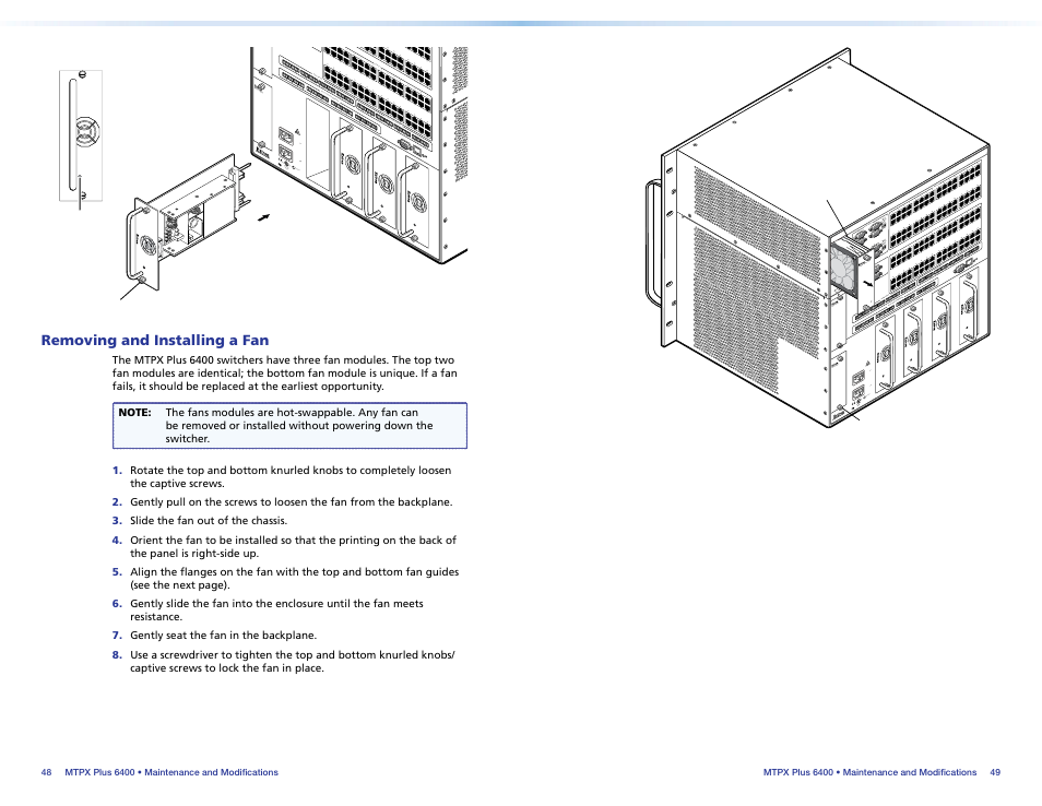 Removing and installing a fan, Fans | Extron Electronics MTPX Plus 6400 Series Setup Guide User Manual | Page 29 / 29