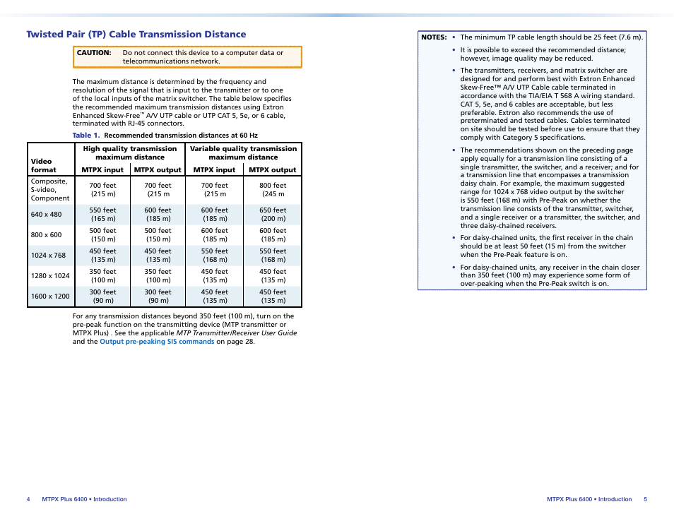 Twisted pair (tp) cable, Transmission distance, Twisted pair (tp) cable transmission distance | Extron Electronics MTPX Plus 6400 Series Setup Guide User Manual | Page 7 / 29