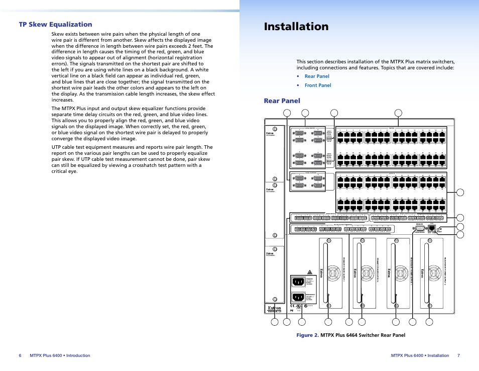 Tp skew equalization, Installation, Rear panel | Extron Electronics MTPX Plus 6400 Series Setup Guide User Manual | Page 8 / 29