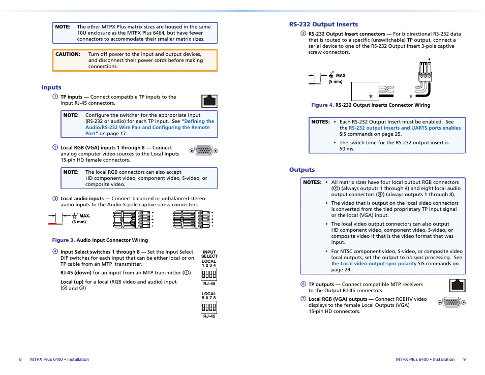 Inputs, Rs-232 output inserts, Outputs | Inputs rs-232 output inserts outputs, Connect the hardware | Extron Electronics MTPX Plus 6400 Series Setup Guide User Manual | Page 9 / 29