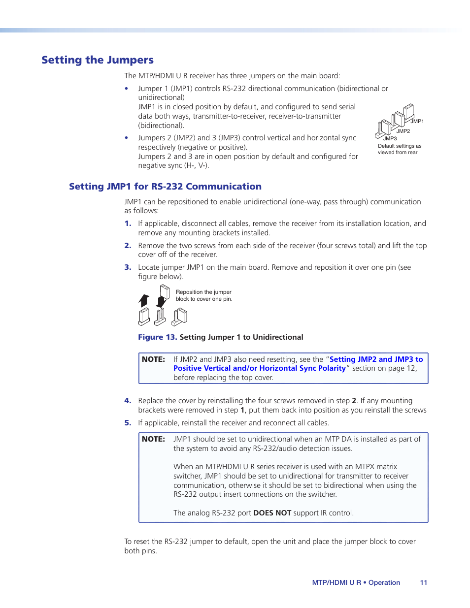 Setting the jumpers, Setting jmp1 for rs-232 communication, Setting the jumper | Extron Electronics MTP_HDMI U R User Guide User Manual | Page 17 / 25