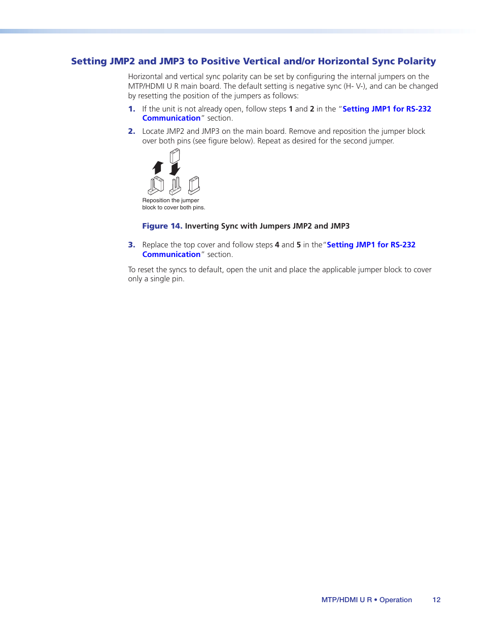Setting jmp2 and jmp3 to positive vertical, And/or horizontal sync polarity | Extron Electronics MTP_HDMI U R User Guide User Manual | Page 18 / 25
