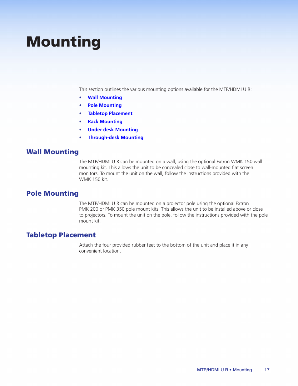 Mounting, Wall mounting, Pole mounting | Tabletop placement, Wall mounting pole mounting tabletop placement | Extron Electronics MTP_HDMI U R User Guide User Manual | Page 23 / 25