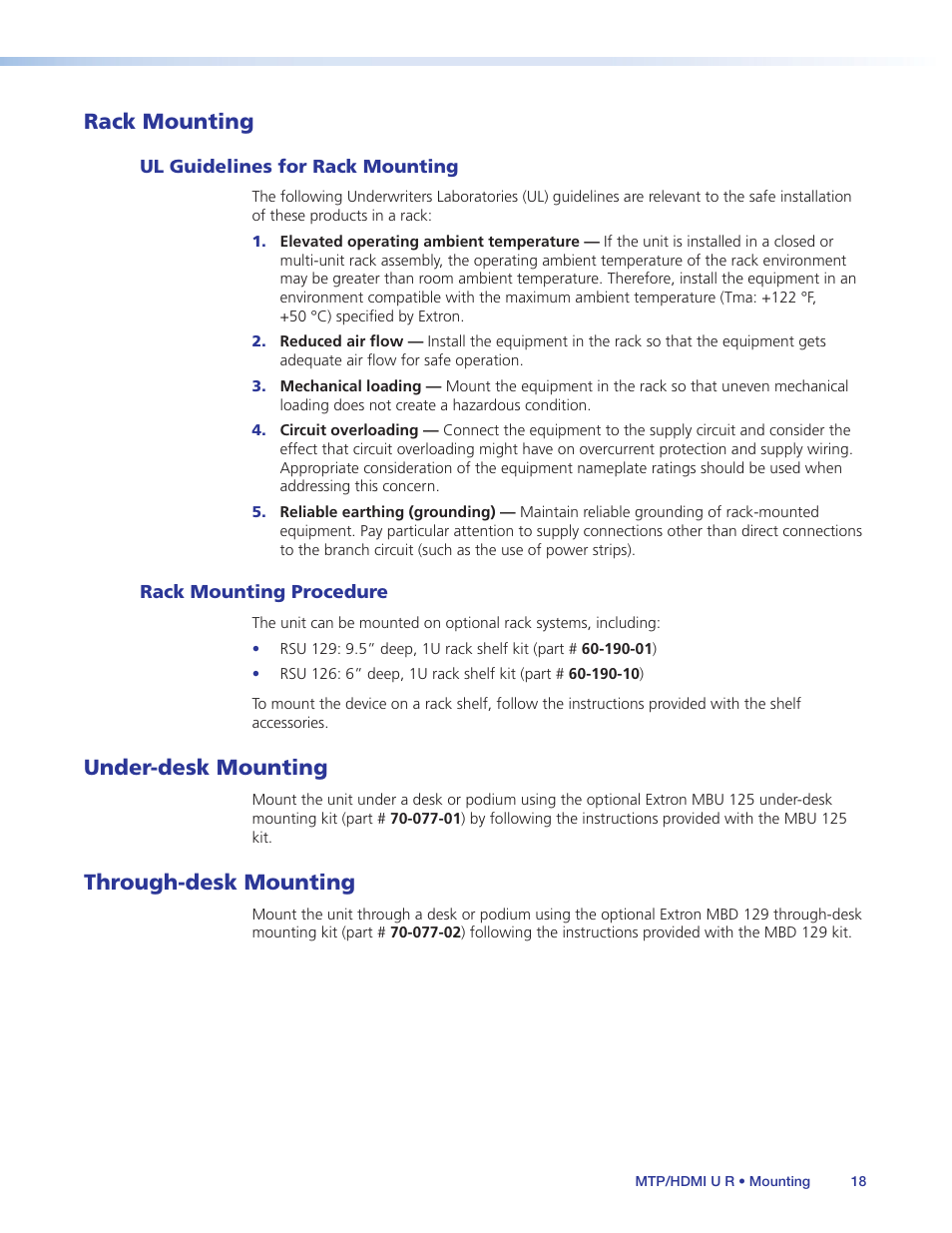 Rack mounting, Ul guidelines for rack mounting, Rack mounting procedure | Under-desk mounting, Through-desk mounting, Under-desk mounting through-desk mounting | Extron Electronics MTP_HDMI U R User Guide User Manual | Page 24 / 25