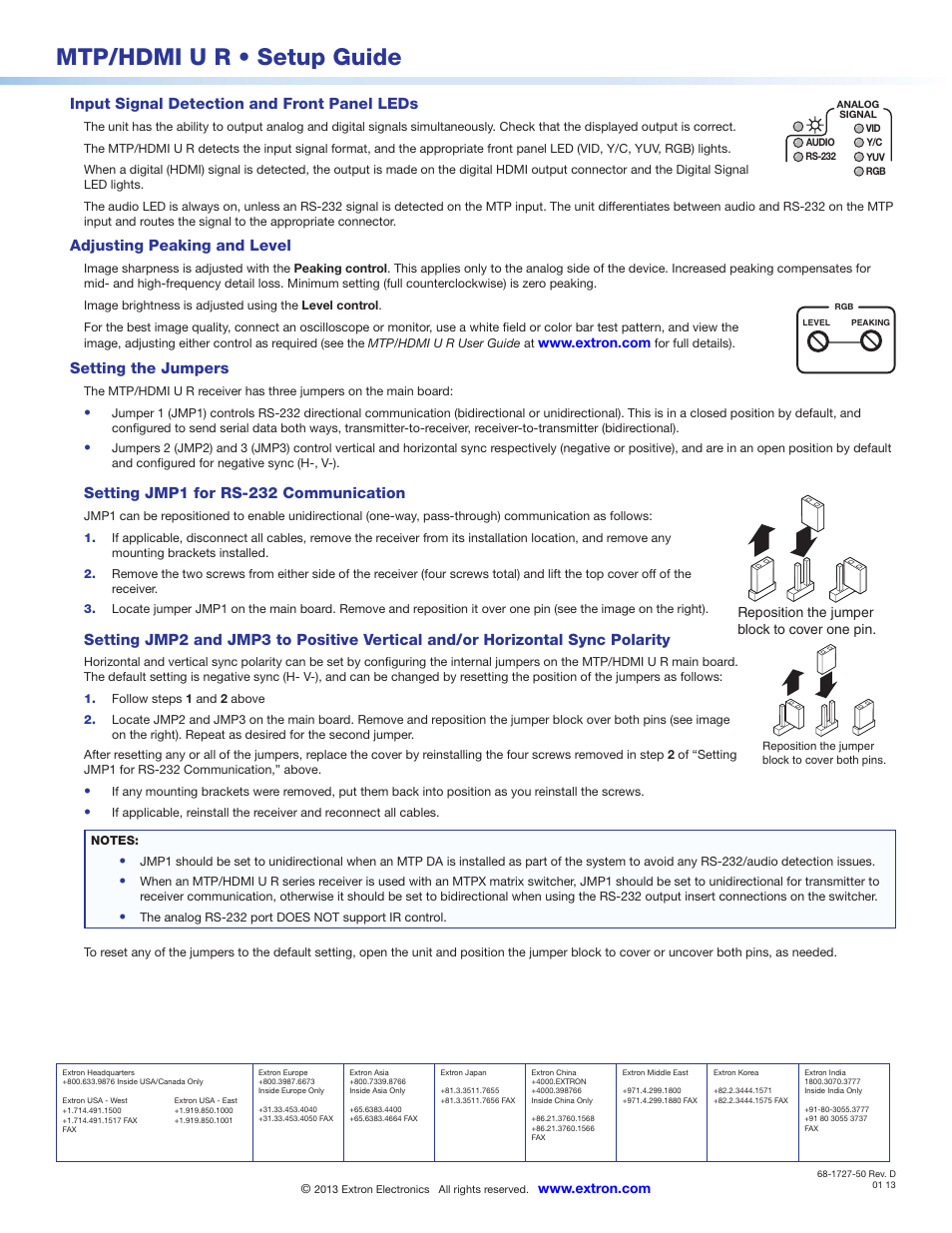 Mtp/hdmi u r • setup guide, Input signal detection and front panel leds, Adjusting peaking and level | Setting the jumpers, Setting jmp1 for rs-232 communication | Extron Electronics MTP_HDMI U R Setup Guide User Manual | Page 2 / 2