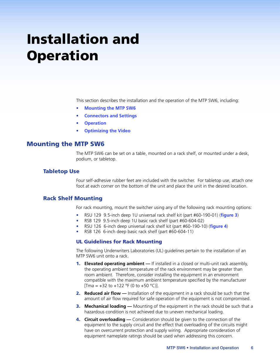 Installation and operation, Mounting the mtp sw6, Tabletop use | Rack shelf mounting, Ul guidelines for rack mounting, Installation.and.operation, Tabletop use rack shelf mounting | Extron Electronics MTP SW6 User Guide User Manual | Page 10 / 38