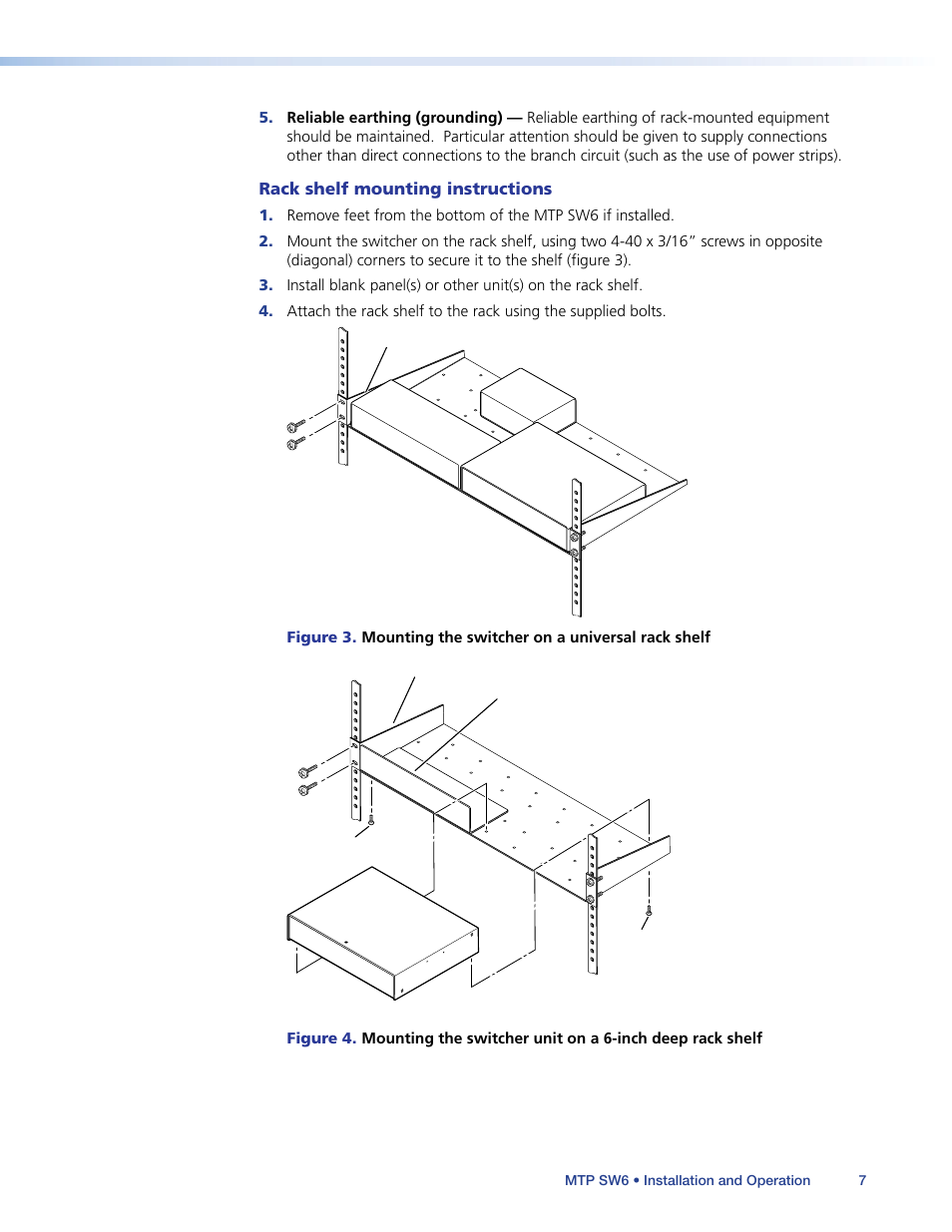 Rack shelf mounting instructions, Figure 3, Figure 4 | Extron Electronics MTP SW6 User Guide User Manual | Page 11 / 38