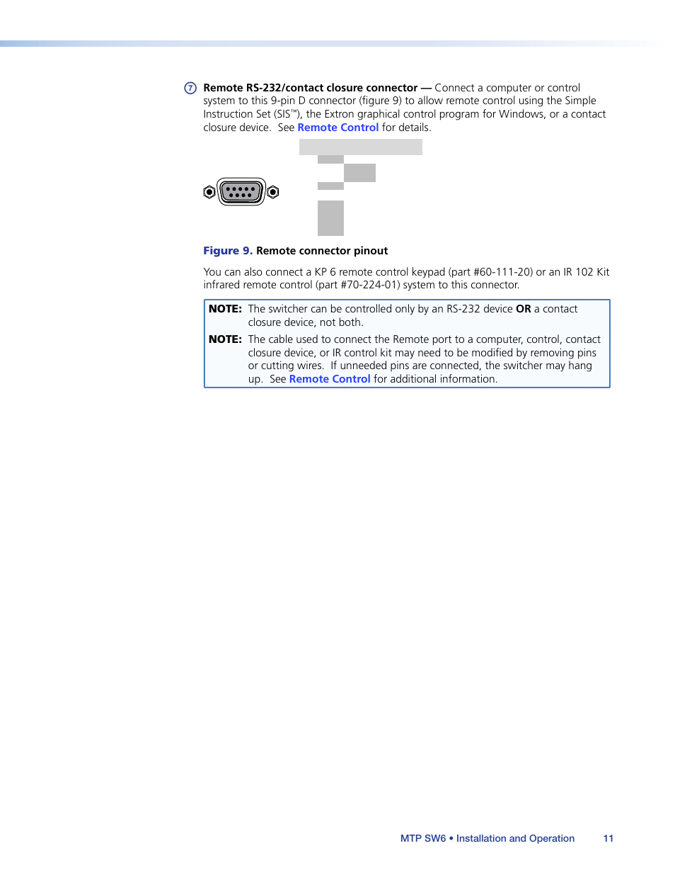 Remote rs-232/contact closure connector | Extron Electronics MTP SW6 User Guide User Manual | Page 15 / 38