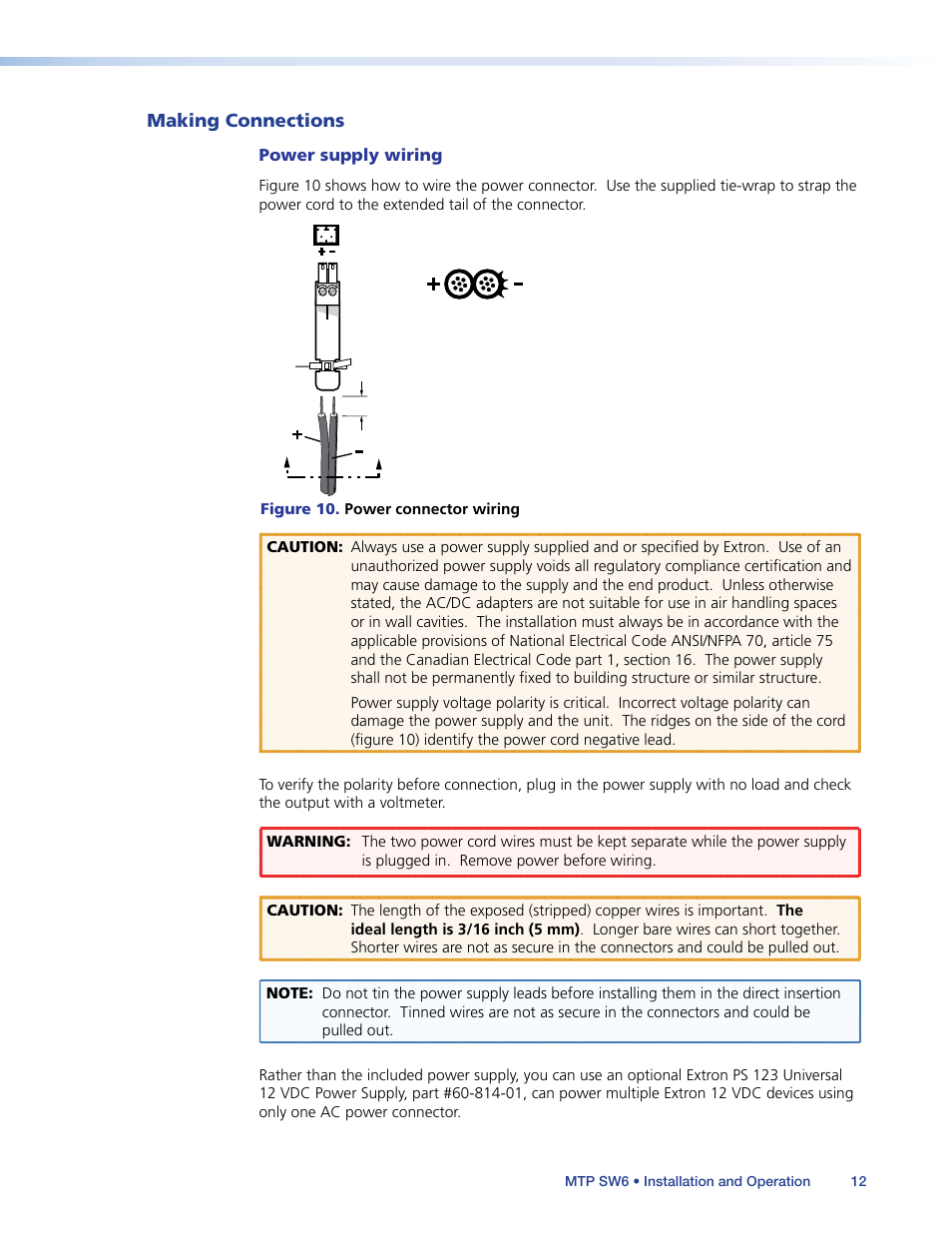 Making connections, Power supply wiring | Extron Electronics MTP SW6 User Guide User Manual | Page 16 / 38