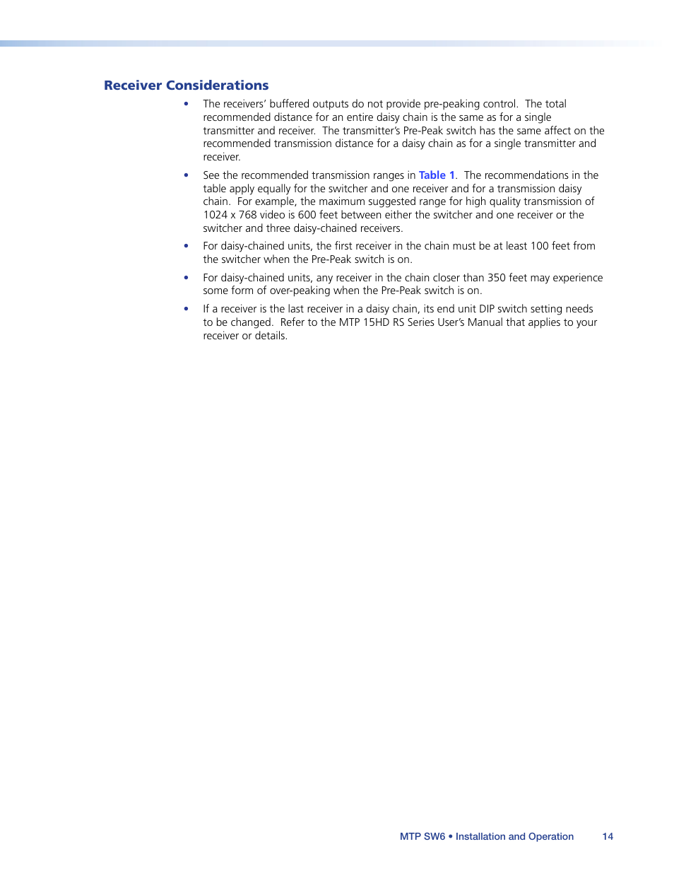 Receiver considerations | Extron Electronics MTP SW6 User Guide User Manual | Page 18 / 38