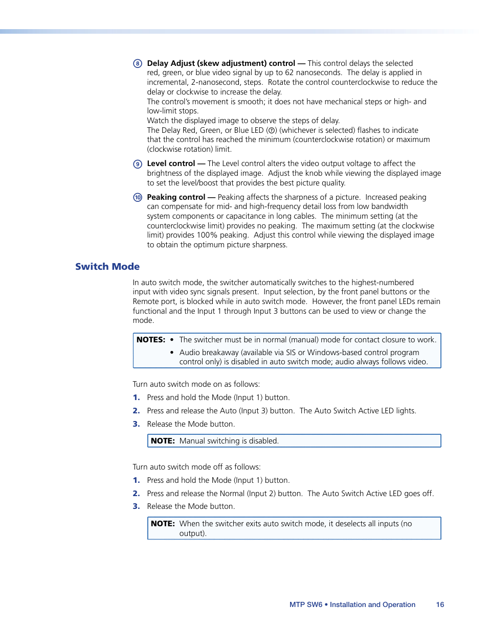 Switch mode, Switch, Mode | In this chapter | Extron Electronics MTP SW6 User Guide User Manual | Page 20 / 38