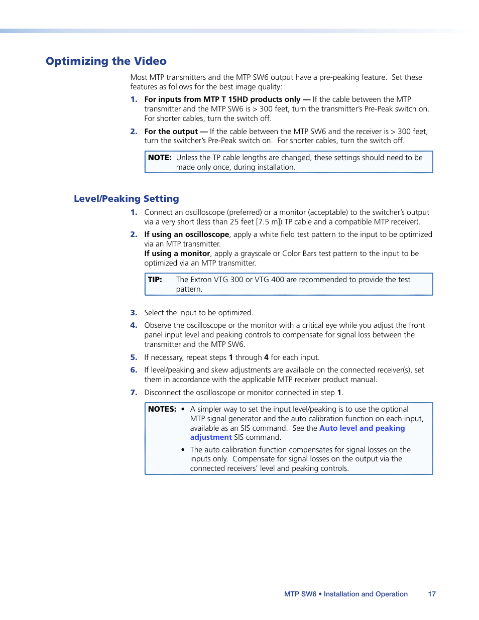 Optimizing the video, Level/peaking setting | Extron Electronics MTP SW6 User Guide User Manual | Page 21 / 38