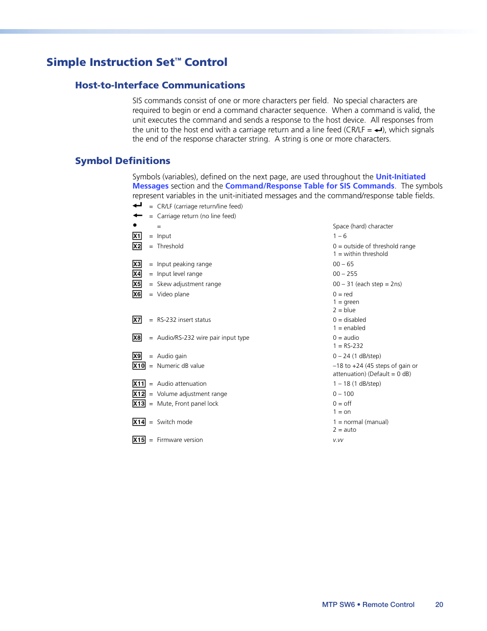 Simple instruction set™ control, Host-to-interface communications, Symbol definitions | Simple instruction set, Control, Simple instruction set control | Extron Electronics MTP SW6 User Guide User Manual | Page 24 / 38