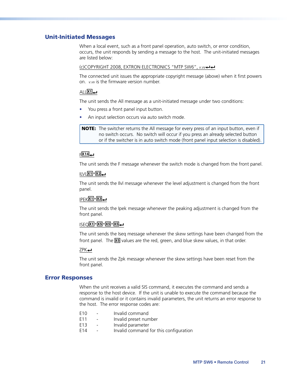 Unit-initiated messages, Error responses, Unit-initiated messages error responses | Oughout the, Unit-initiated, Messages | Extron Electronics MTP SW6 User Guide User Manual | Page 25 / 38