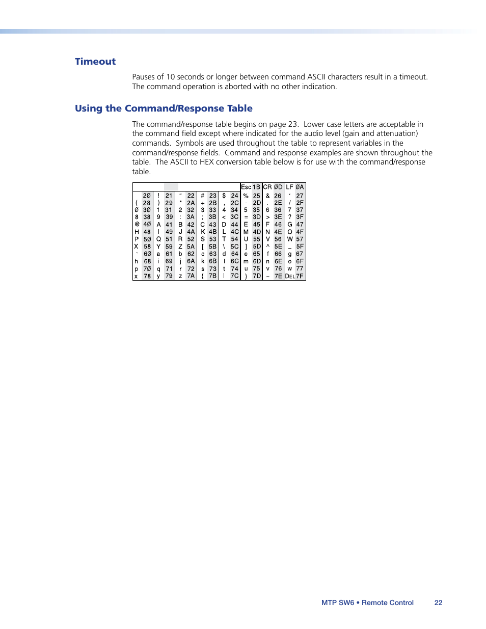 Timeout, Using the command/response table, Timeout using the command/response table | Extron Electronics MTP SW6 User Guide User Manual | Page 26 / 38