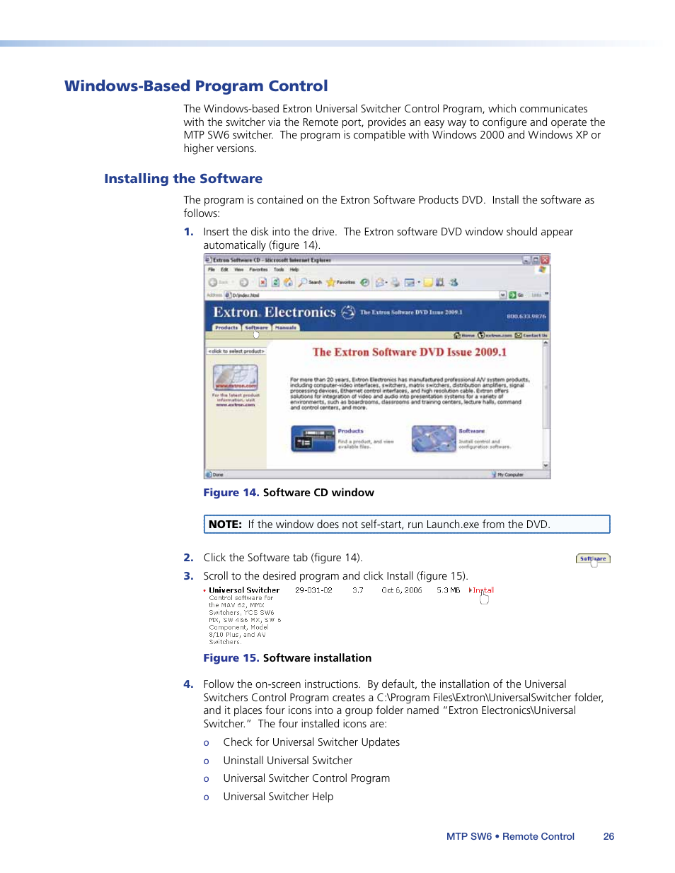 Windows -based program control, Installing the software, Windows-based program control | Extron Electronics MTP SW6 User Guide User Manual | Page 30 / 38