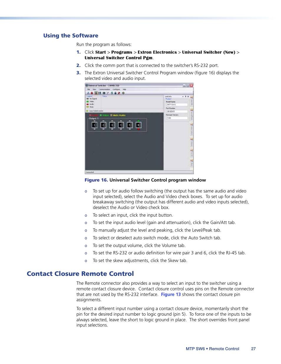 Using the software, Contact closure remote control, Contact closure control | Om molded plugs. see | Extron Electronics MTP SW6 User Guide User Manual | Page 31 / 38