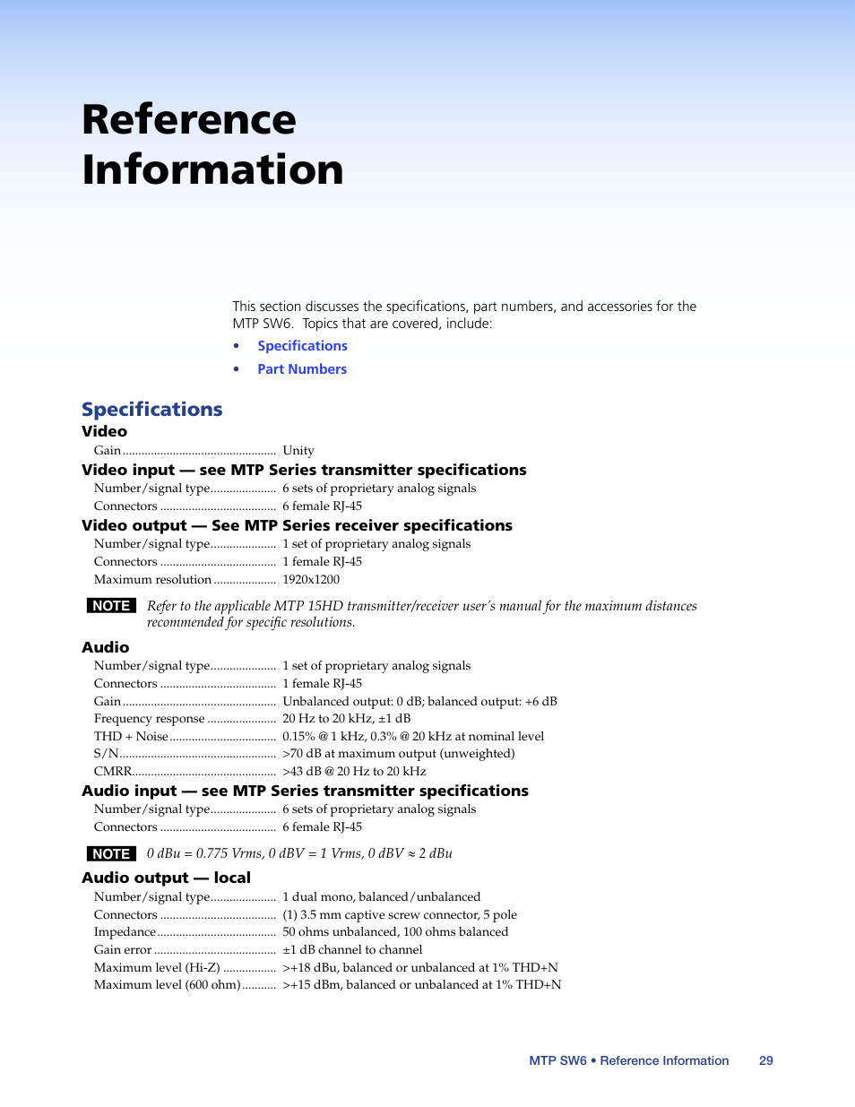 Reference information, Specifications, Reference.information | Extron Electronics MTP SW6 User Guide User Manual | Page 33 / 38