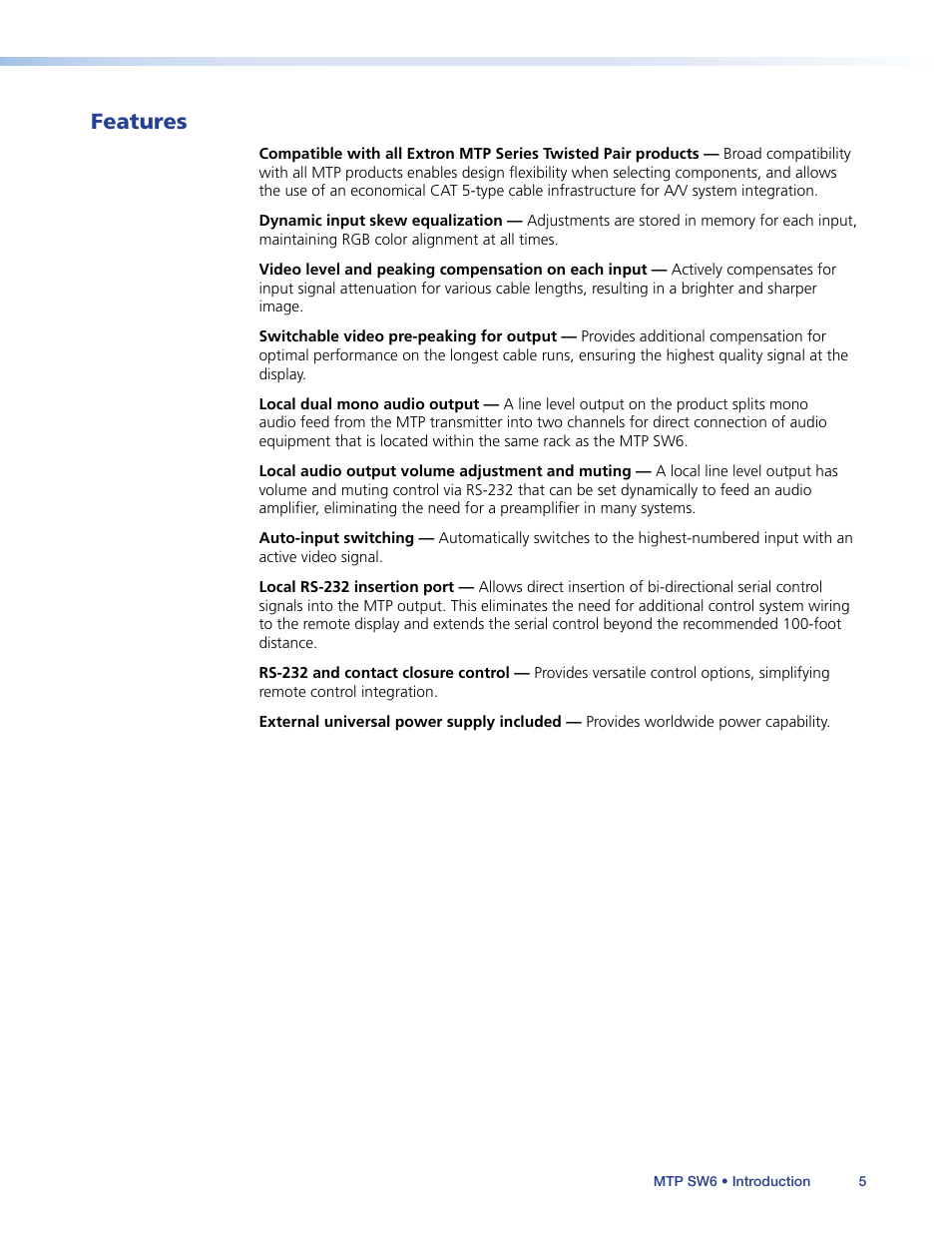 Features | Extron Electronics MTP SW6 User Guide User Manual | Page 9 / 38