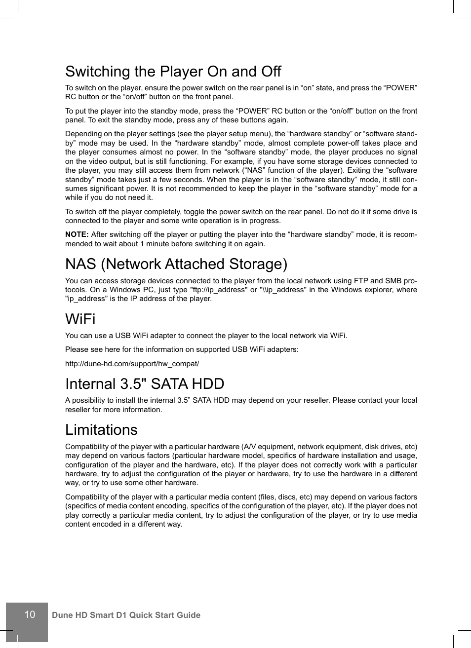 Switching the player on and off, Nas (network attached storage), Wifi | Internal 3.5" sata hdd, Limitations | DUNE HD Smart D1 User Manual | Page 10 / 76