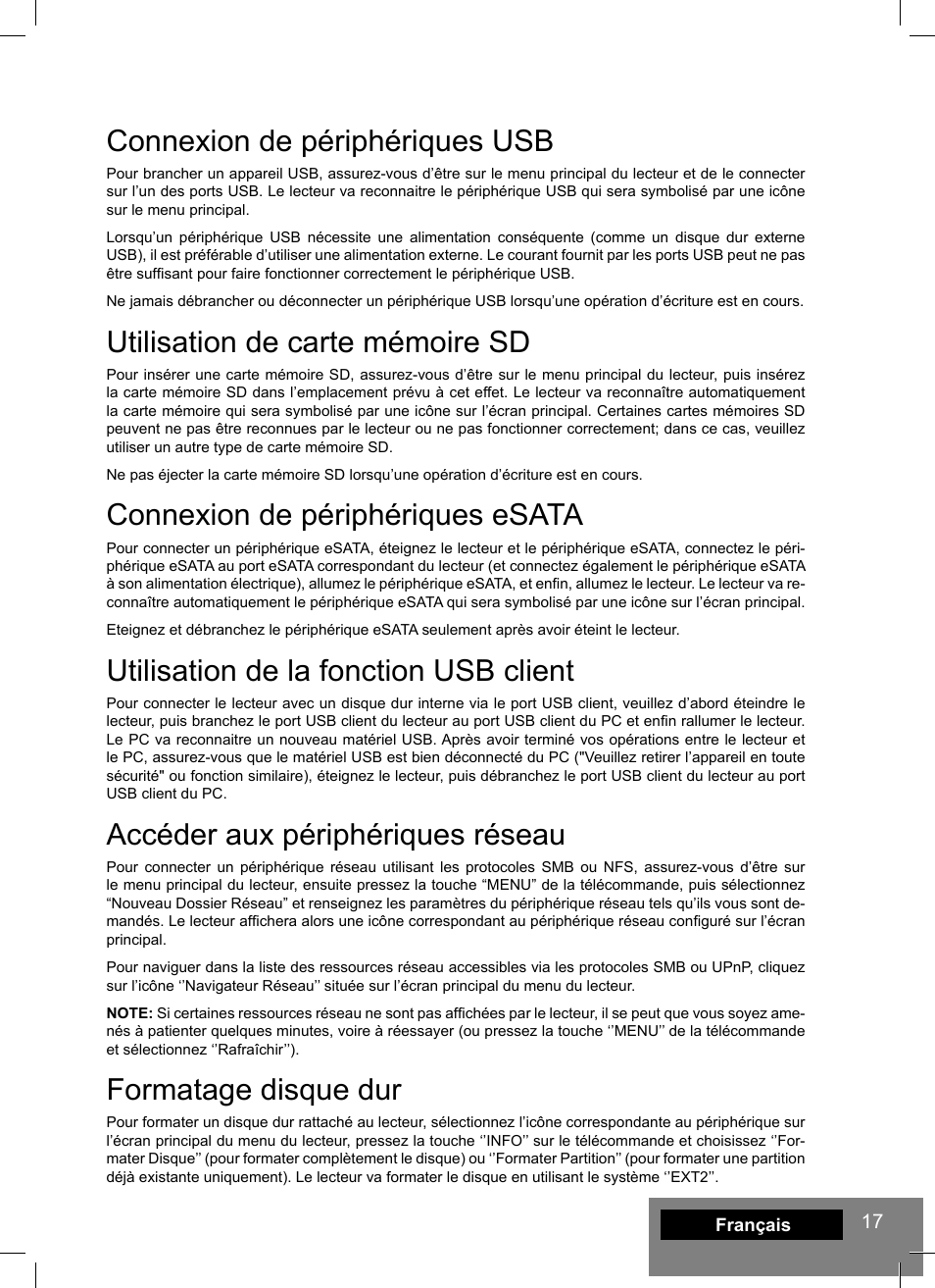 Connexion de périphériques usb, Utilisation de carte mémoire sd, Connexion de périphériques esata | Utilisation de la fonction usb client, Accéder aux périphériques réseau, Formatage disque dur | DUNE HD Smart D1 User Manual | Page 17 / 76