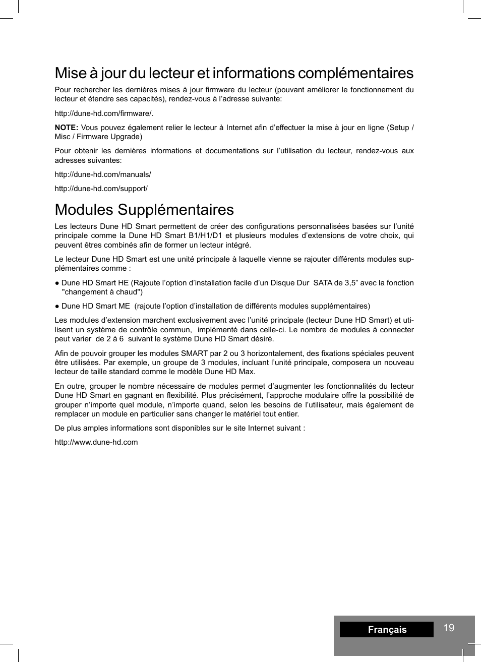 Modules supplémentaires | DUNE HD Smart D1 User Manual | Page 19 / 76