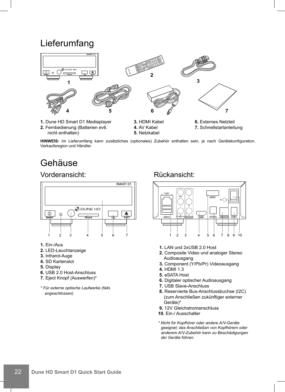 Lieferumfang, Gehäuse, Vorderansicht | Rückansicht | DUNE HD Smart D1 User Manual | Page 22 / 76