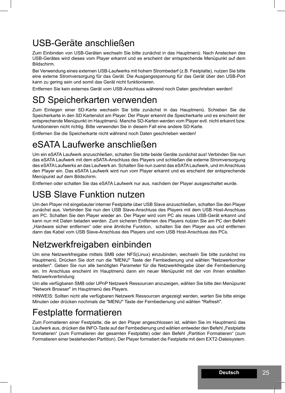 Usb-geräte anschließen, Sd speicherkarten verwenden, Esata laufwerke anschließen | Usb slave funktion nutzen, Netzwerkfreigaben einbinden, Festplatte formatieren | DUNE HD Smart D1 User Manual | Page 25 / 76