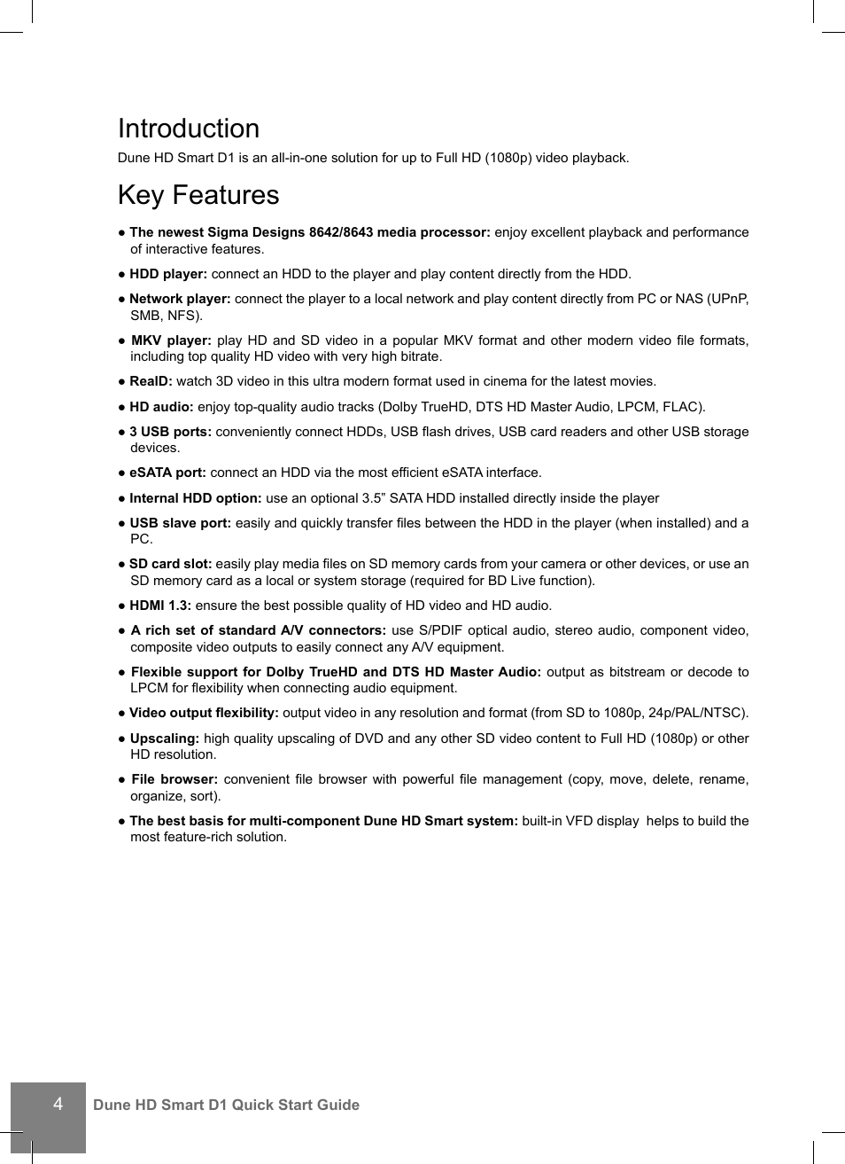 Introduction, Key features | DUNE HD Smart D1 User Manual | Page 4 / 76