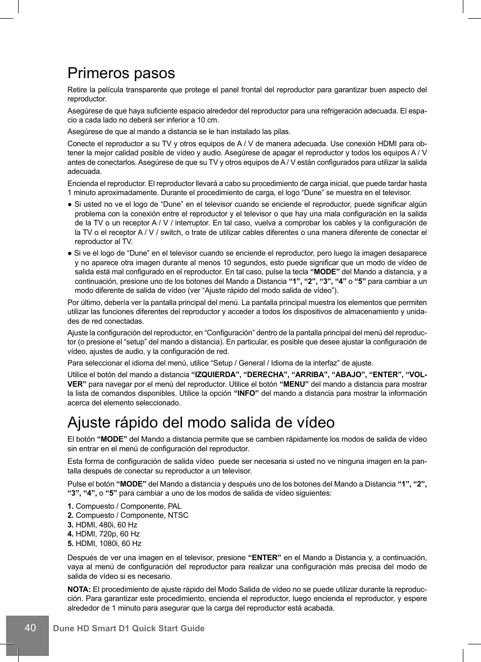 Primeros pasos, Ajuste rápido del modo salida de vídeo | DUNE HD Smart D1 User Manual | Page 40 / 76