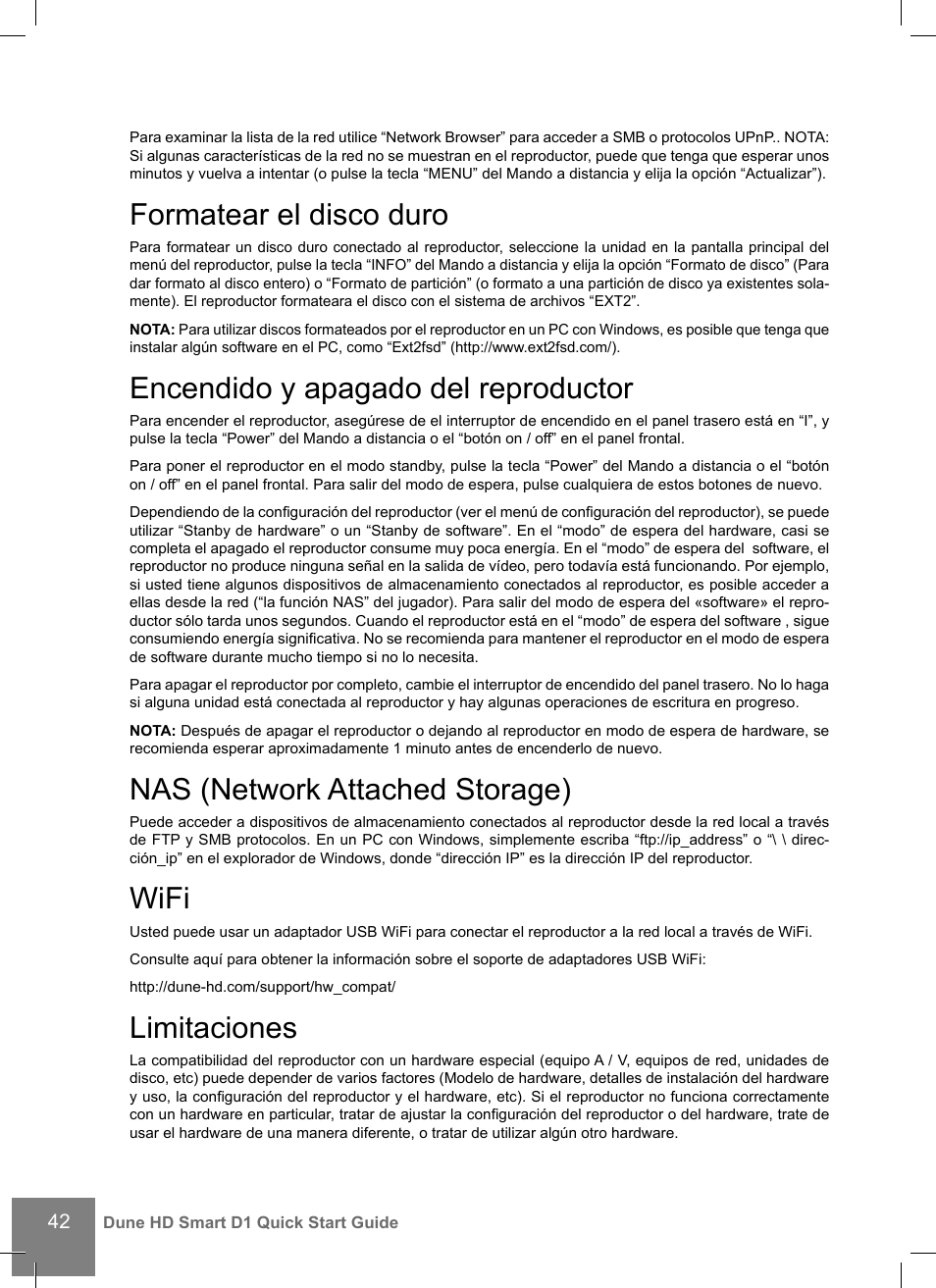 Formatear el disco duro, Encendido y apagado del reproductor, Nas (network attached storage) | Wifi, Limitaciones | DUNE HD Smart D1 User Manual | Page 42 / 76