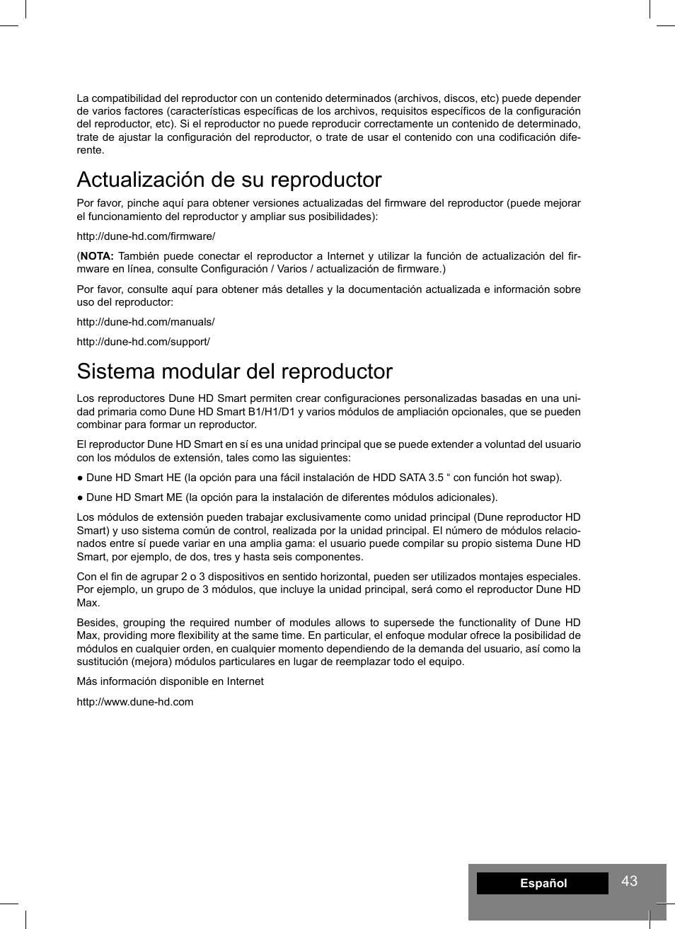 Actualización de su reproductor, Sistema modular del reproductor | DUNE HD Smart D1 User Manual | Page 43 / 76