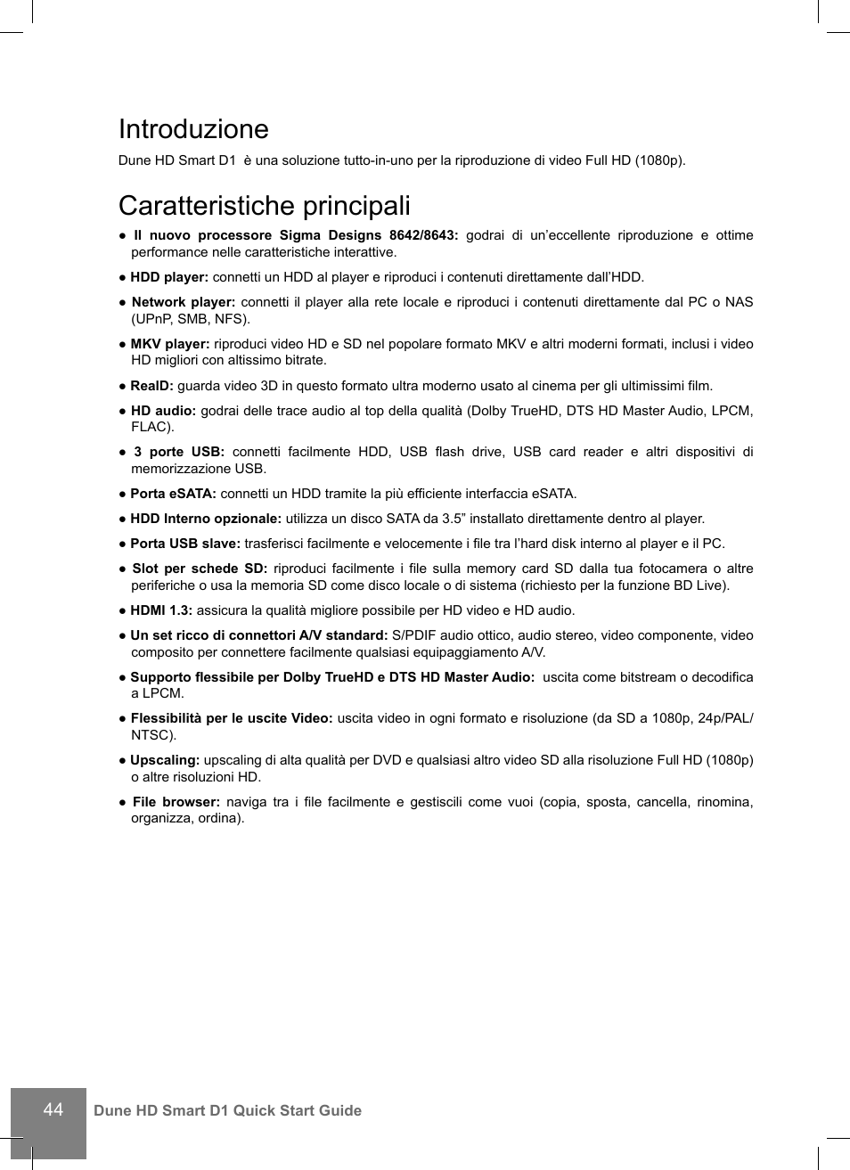 Introduzione, Caratteristiche principali | DUNE HD Smart D1 User Manual | Page 44 / 76