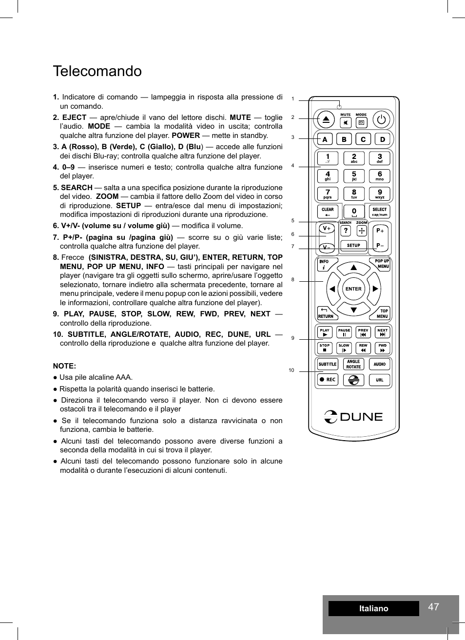 Telecomando | DUNE HD Smart D1 User Manual | Page 47 / 76