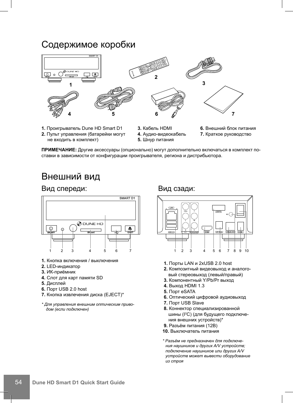 Содержимое коробки, Внешний вид, Вид спереди | Вид сзади | DUNE HD Smart D1 User Manual | Page 54 / 76