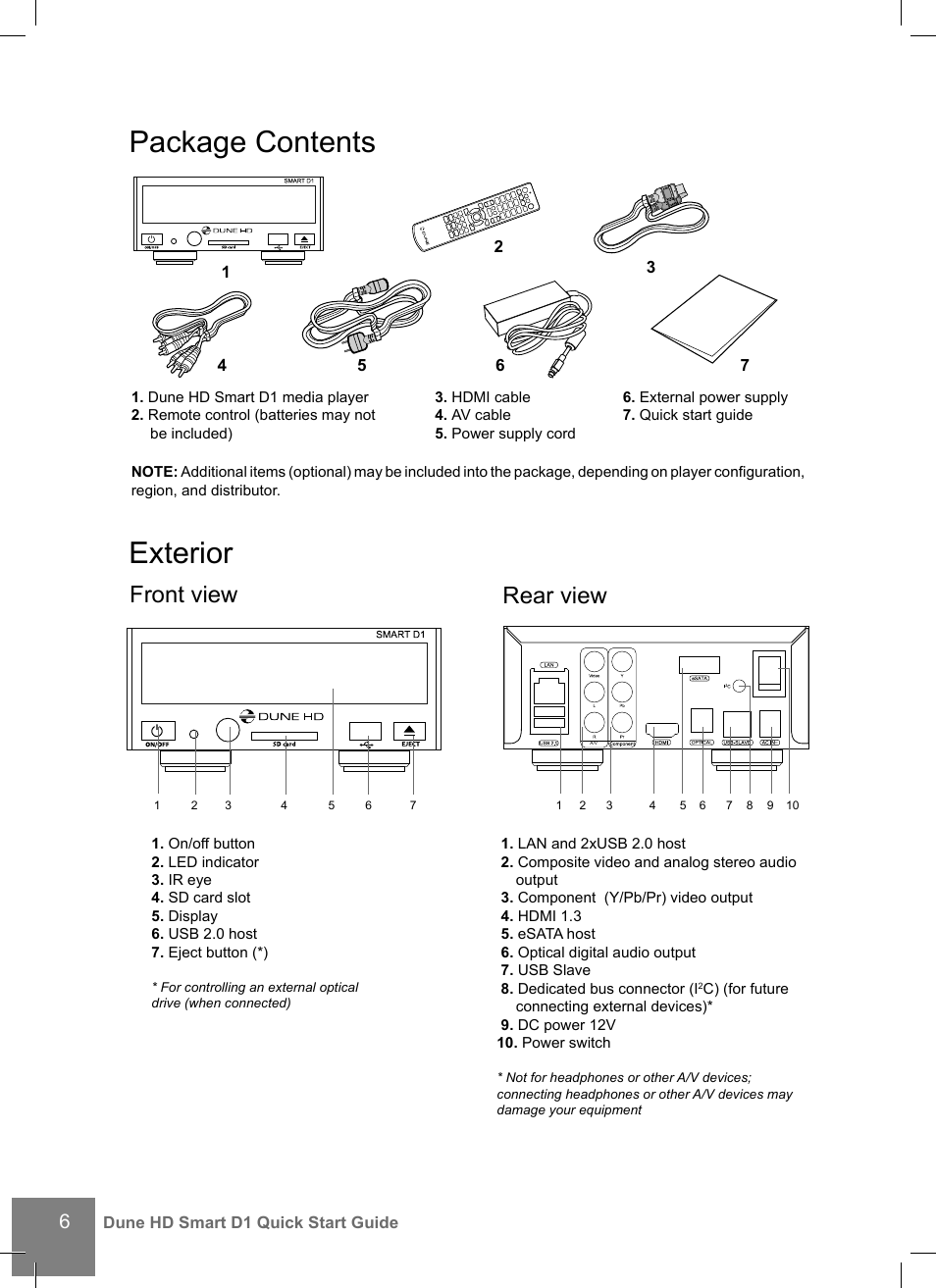 Package contents, Exterior, Front view | Rear view | DUNE HD Smart D1 User Manual | Page 6 / 76