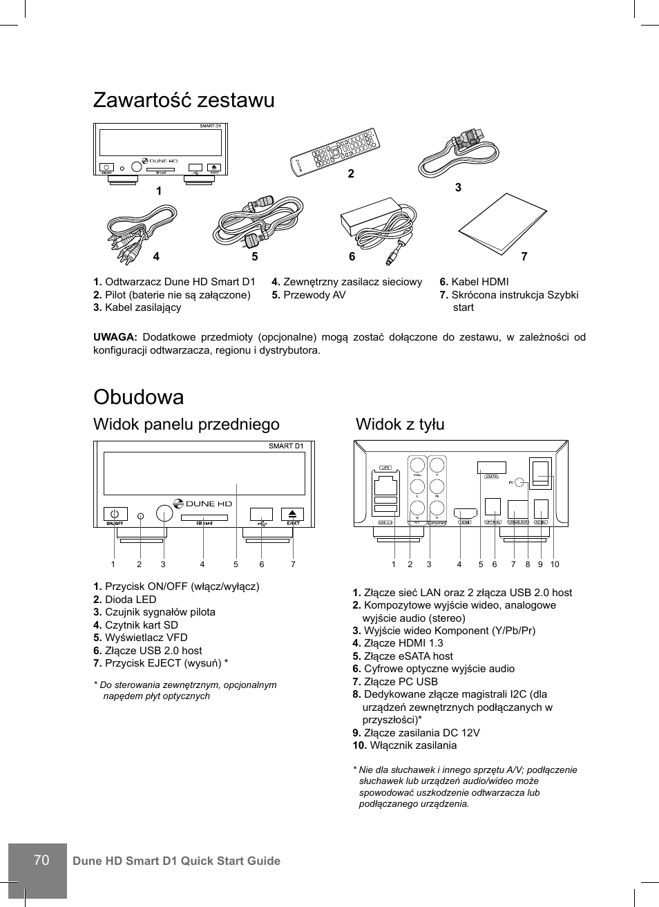 Zawartość zestawu, Obudowa, Widok panelu przedniego | Widok z tyłu | DUNE HD Smart D1 User Manual | Page 70 / 76