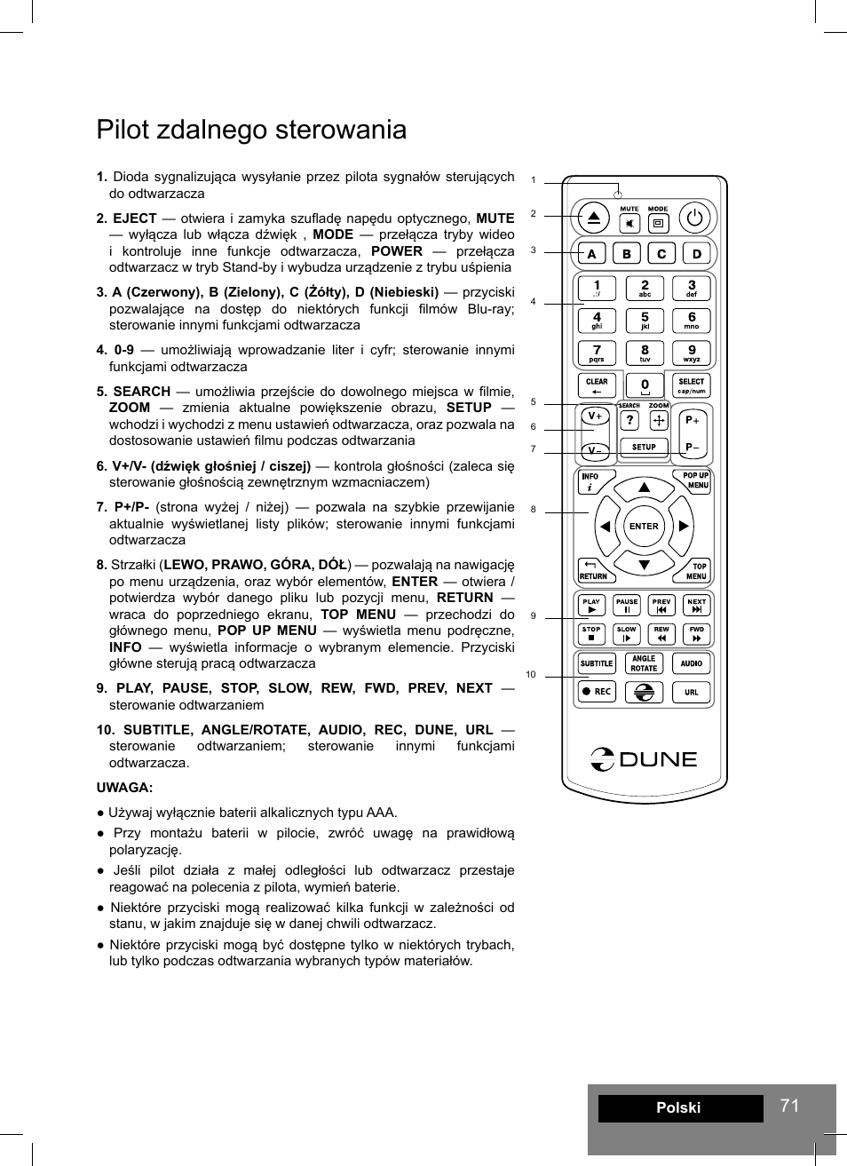 Pilot zdalnego sterowania | DUNE HD Smart D1 User Manual | Page 71 / 76