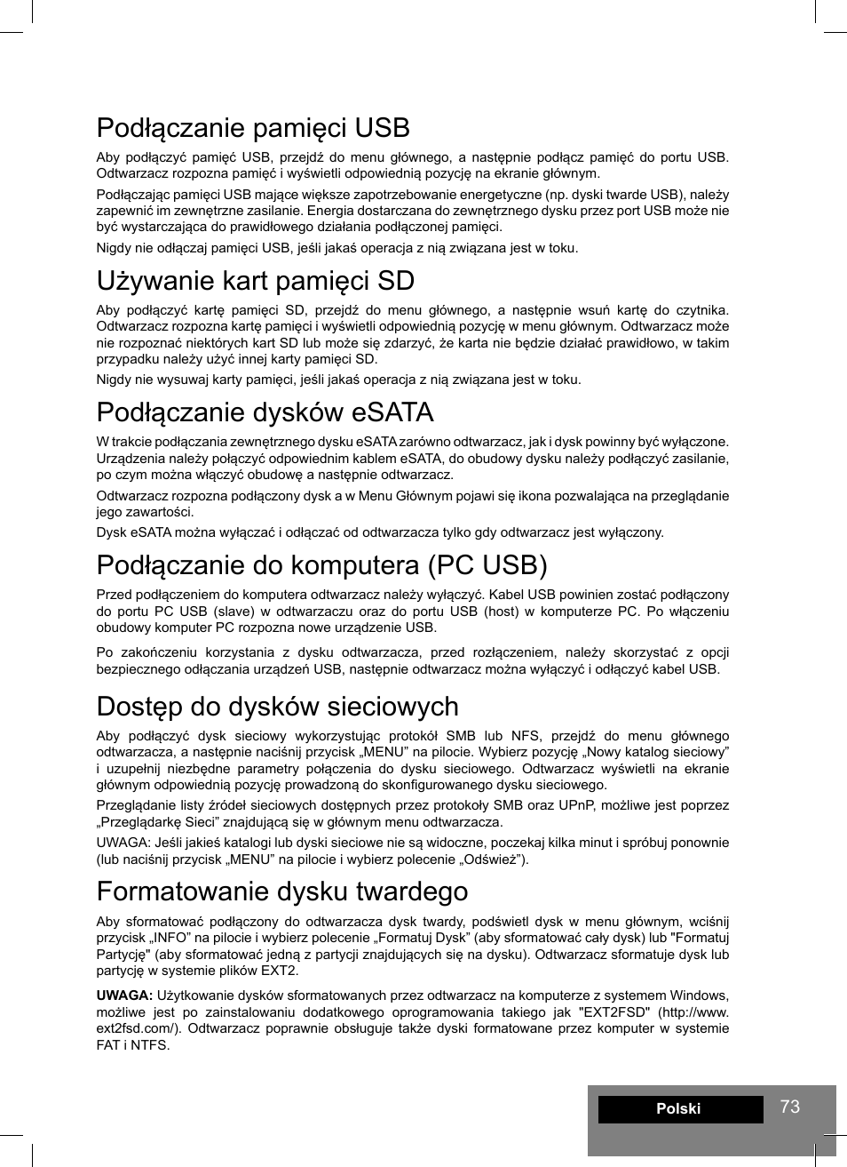 Podłączanie pamięci usb, Używanie kart pamięci sd, Podłączanie dysków esata | Podłączanie do komputera (pc usb), Dostęp do dysków sieciowych, Formatowanie dysku twardego | DUNE HD Smart D1 User Manual | Page 73 / 76