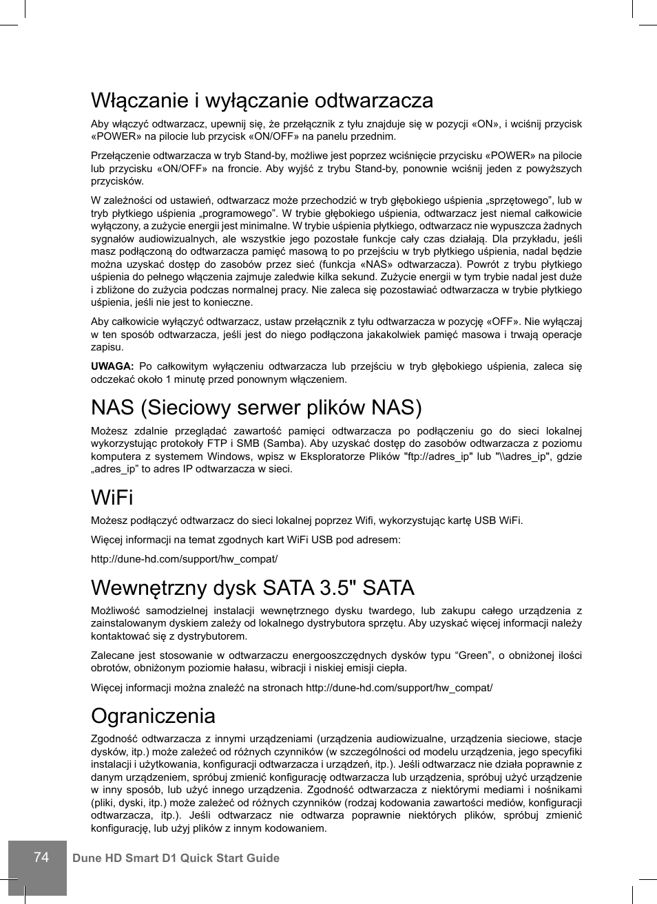 Włączanie i wyłączanie odtwarzacza, Nas (sieciowy serwer plików nas), Wifi | Wewnętrzny dysk sata 3.5" sata, Ograniczenia | DUNE HD Smart D1 User Manual | Page 74 / 76