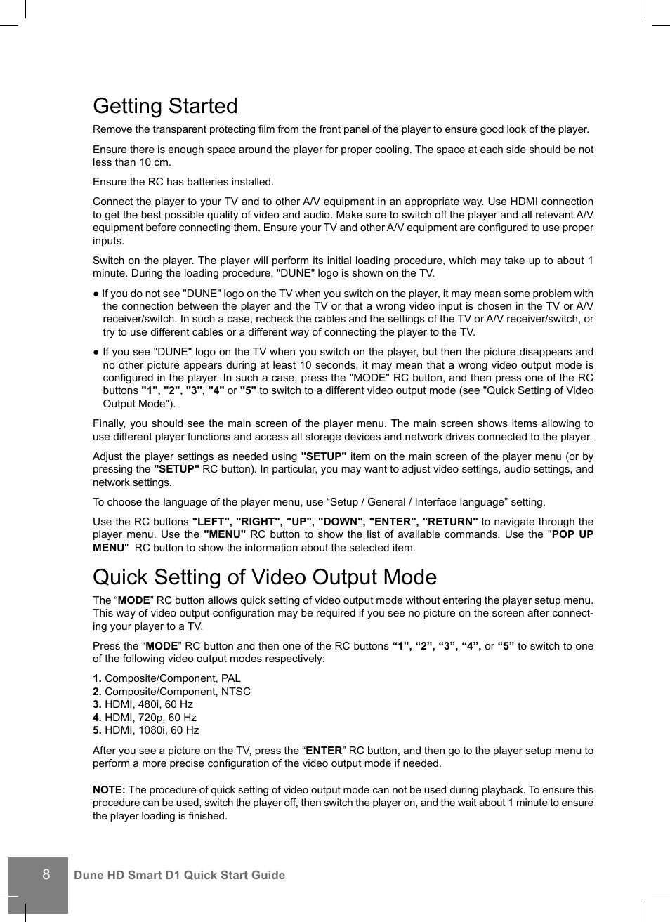 Getting started, Quick setting of video output mode | DUNE HD Smart D1 User Manual | Page 8 / 76