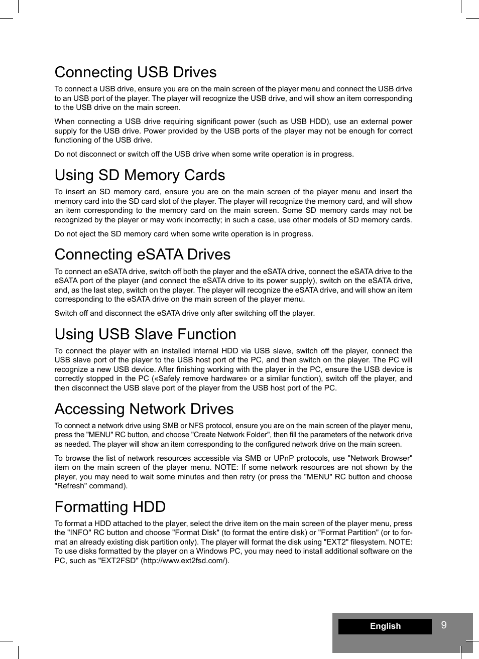 Connecting usb drives, Connecting esata drives, Using usb slave function | Accessing network drives, Formatting hdd | DUNE HD Smart D1 User Manual | Page 9 / 76