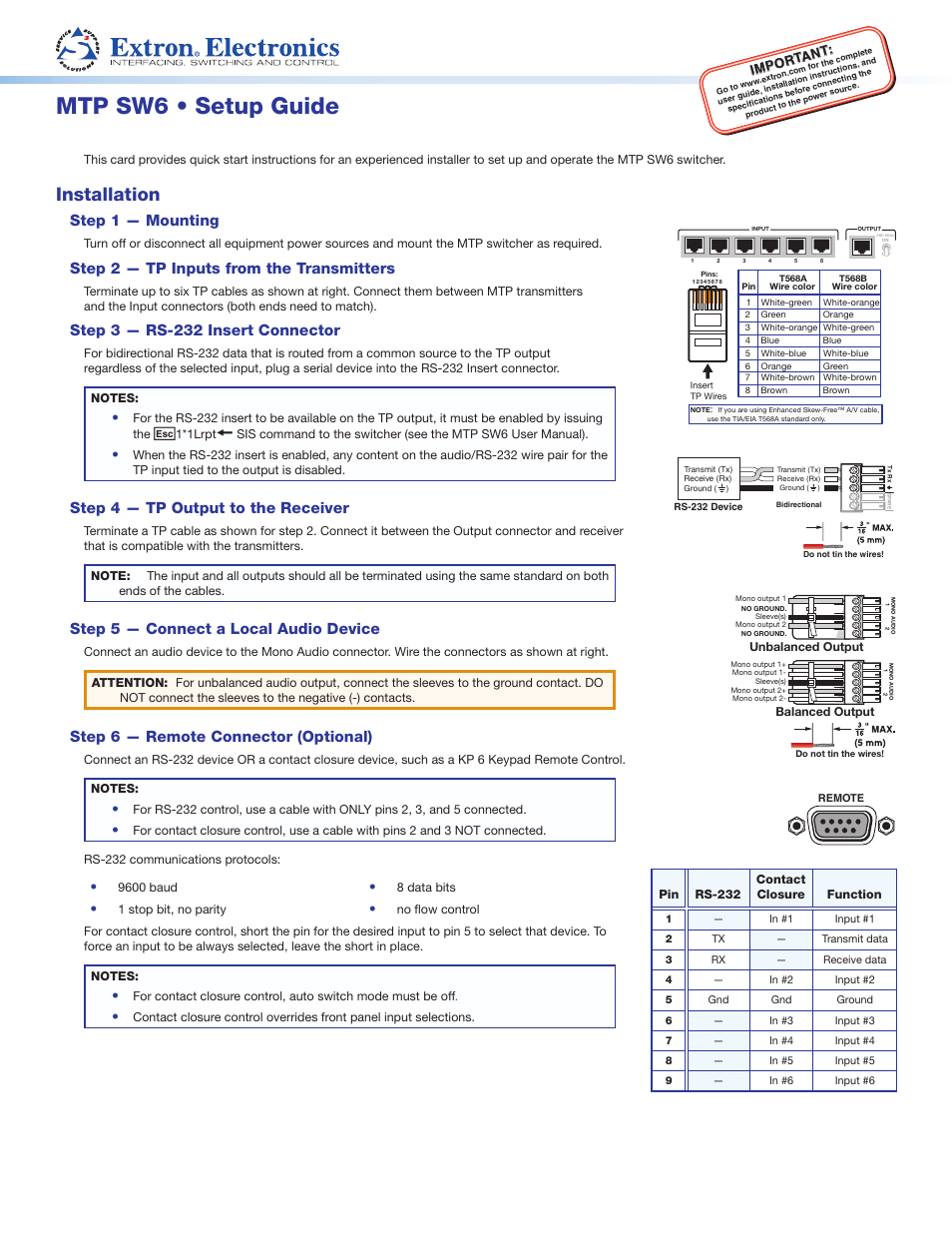 Extron Electronics MTP SW6 Setup Guide User Manual | 2 pages