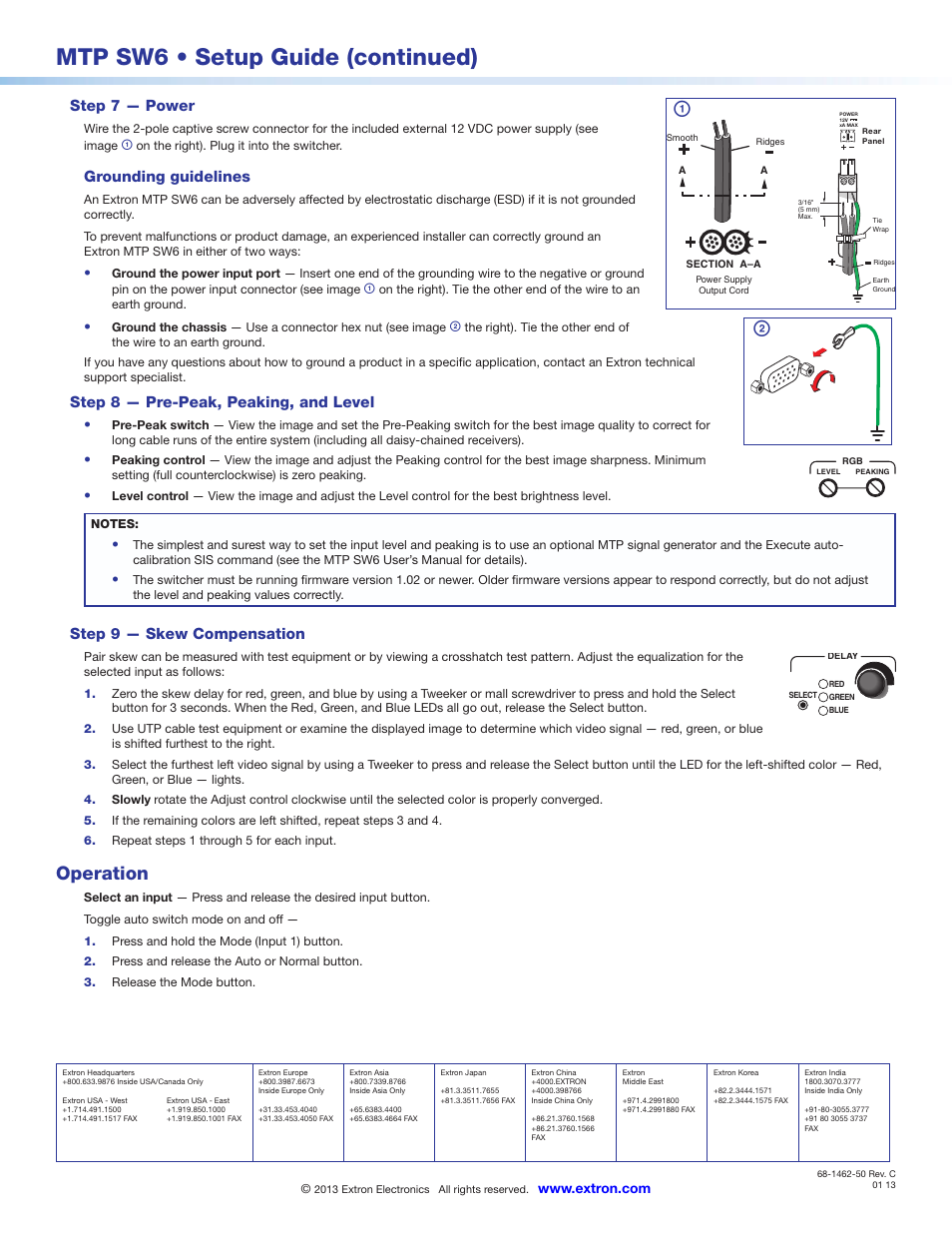 Mtp sw6 • setup guide (continued), Operation, Step 7 — power | Grounding guidelines, Step 8 — pre-peak, peaking, and level, Step 9 — skew compensation | Extron Electronics MTP SW6 Setup Guide User Manual | Page 2 / 2