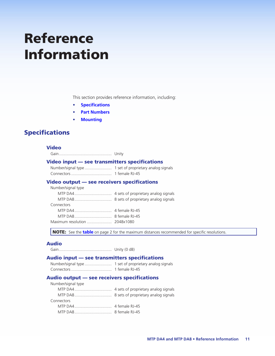 Reference information, Specifications | Extron Electronics MTP DA8 User Guide User Manual | Page 17 / 21