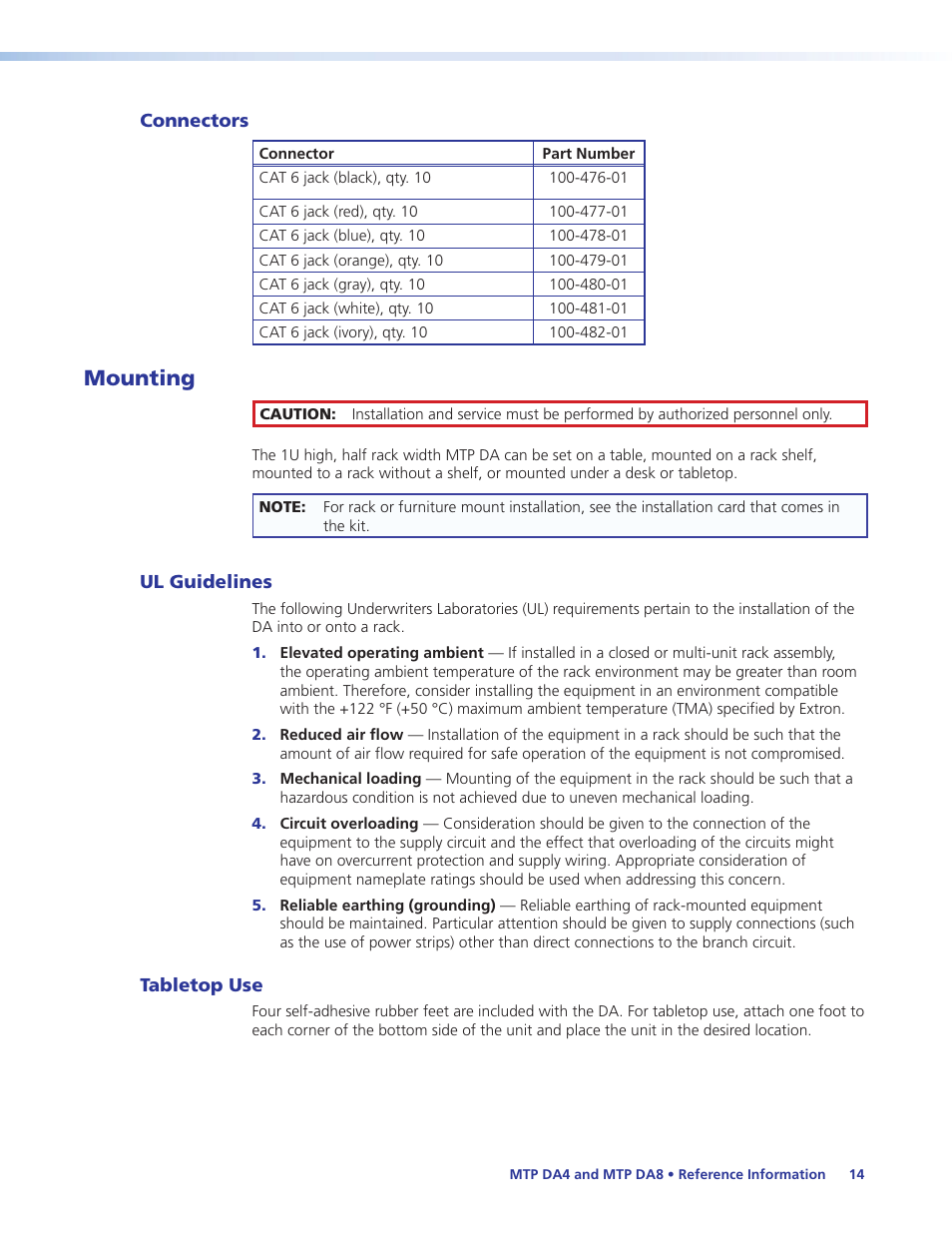 Connectors, Mounting, Ul guidelines | Tabletop use, Ul guidelines tabletop use | Extron Electronics MTP DA8 User Guide User Manual | Page 20 / 21