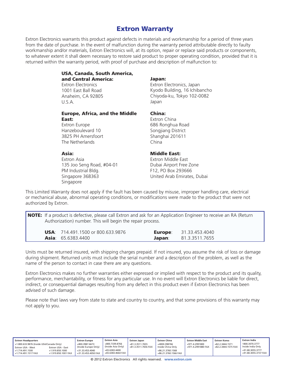 Extron warranty, Contact information | Extron Electronics MTP DA8 User Guide User Manual | Page 21 / 21