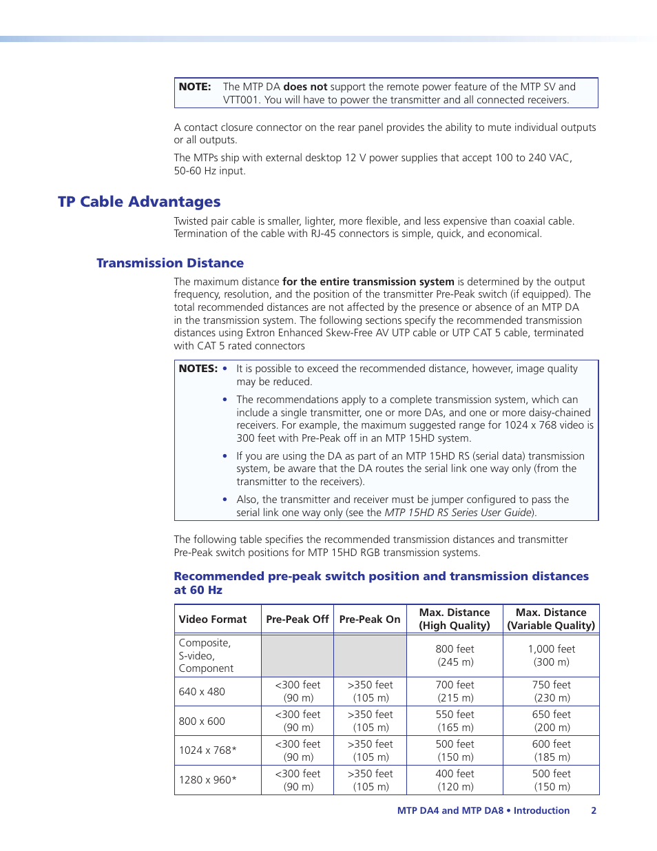 Tp cable advantages, Transmission distance | Extron Electronics MTP DA8 User Guide User Manual | Page 8 / 21